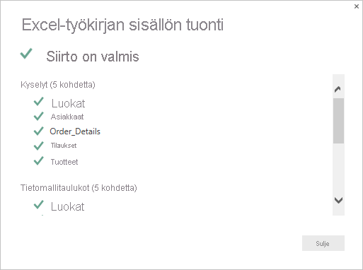 Näyttökuvassa näkyy Excel-työkirjan sisällön tuomisen yhteenvetosivu.