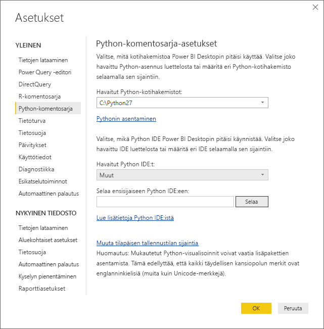 Screenshot of the Options dialog, showing Other entered in the Detected Python IDE field.