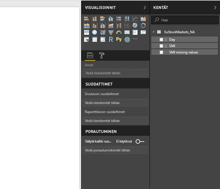 Screenshot of the Fields pane, showing the loaded data.