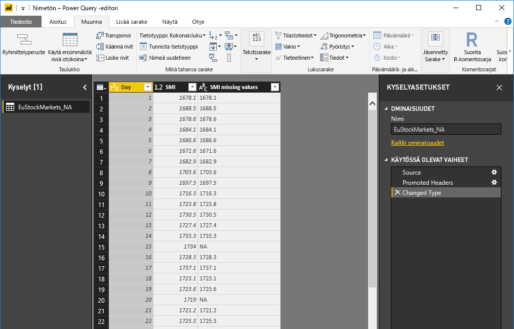 Screenshot of the Transform tab, showing rows of data.