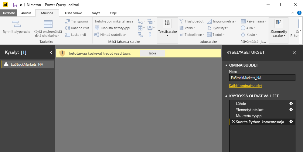 Screenshot of the Power Query Editor pane, showing the warning about data privacy.