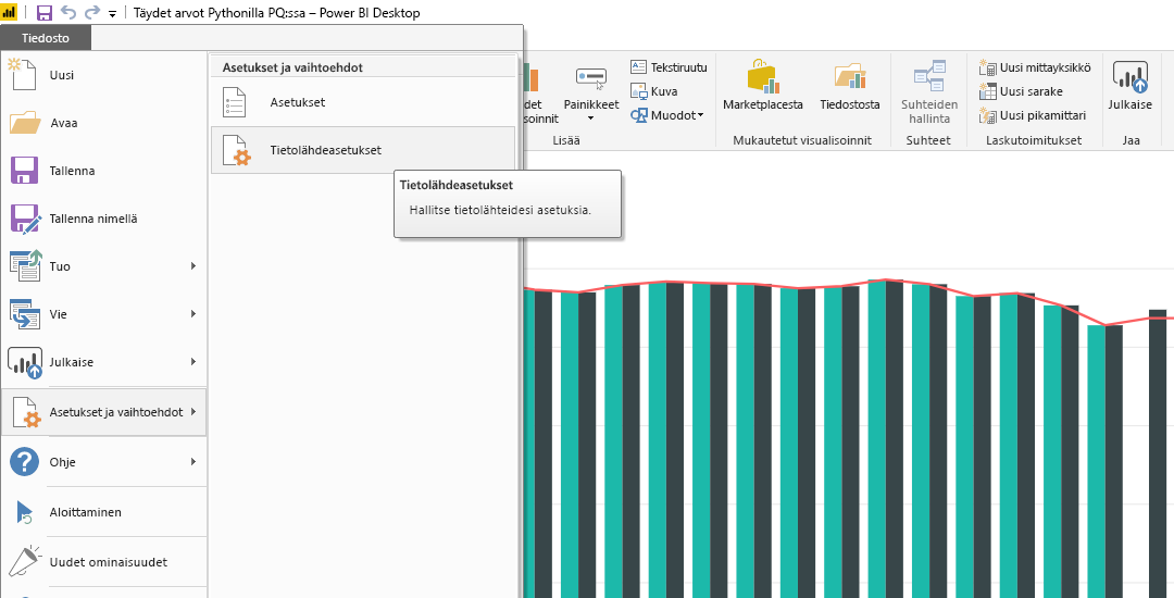 Screenshot of the File menu in Power BI Desktop, showing the Data source settings selection.