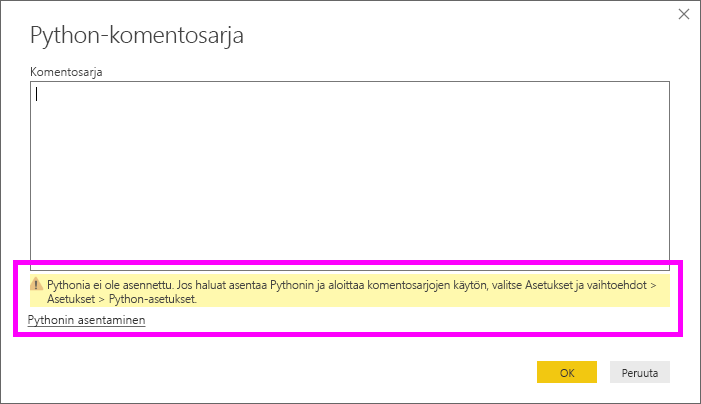 Näyttökuva varoituksesta, jonka mukaan Pythonia ei ole asennettu.