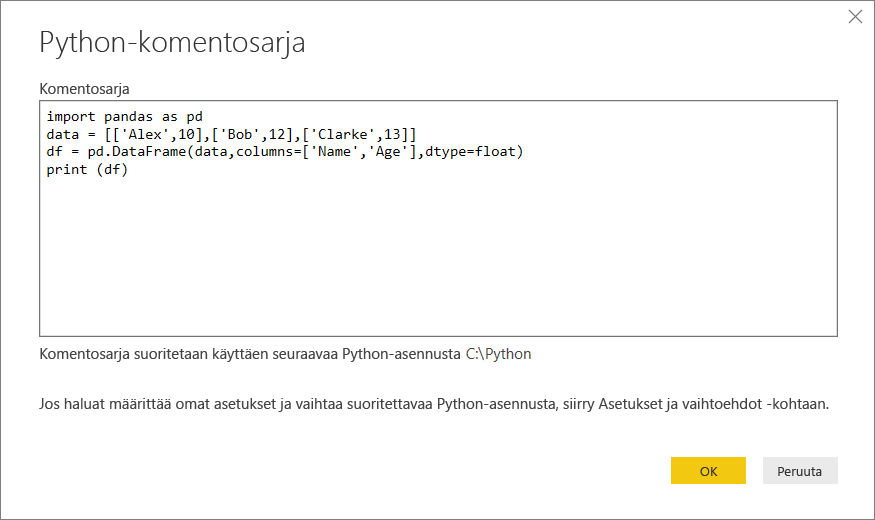 Näyttökuva, joka näyttää Python-mallikomentosarjan liittämisen Python-komentosarjavalintaikkunaan.