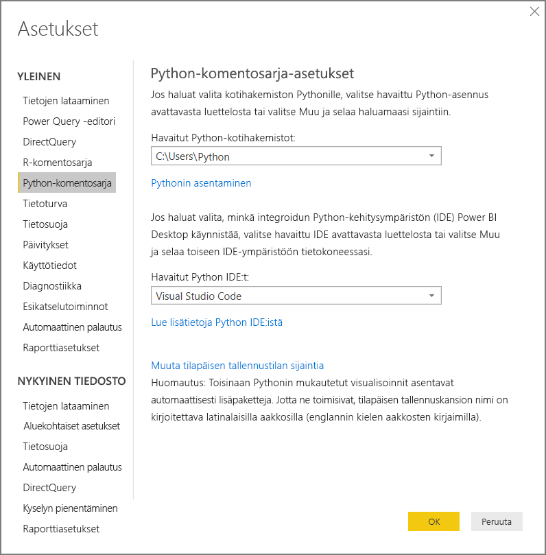 Näyttökuvassa näkyvät Power BI Desktopin Python-komentosarja-asetukset.