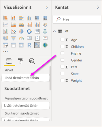 Näyttökuvassa näkyy Vedä lisää tietokentät tähän -kuva.