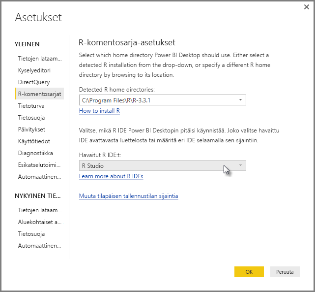 Screenshot of the Options dialog, showing R Studio is entered in the Detected R I D E field.