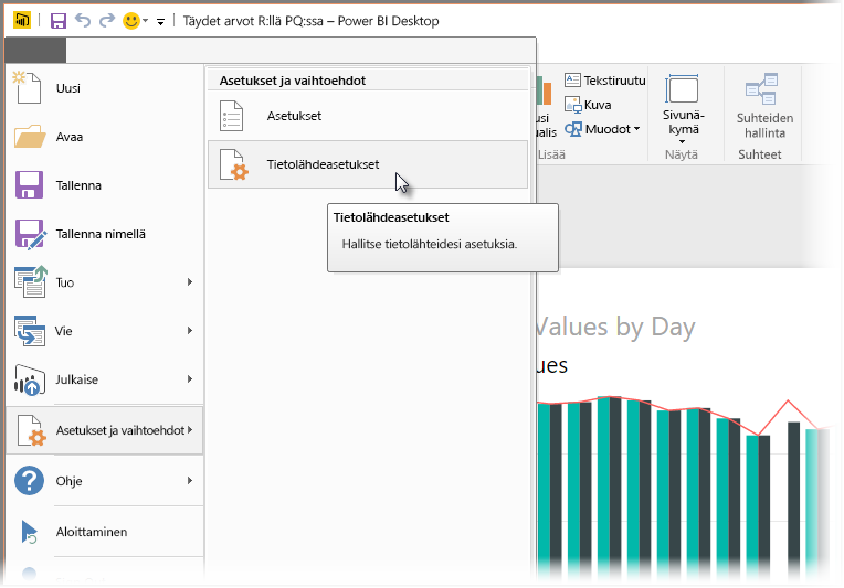 Screenshot shows the Options and Settings dialog where you can select Data source settings.