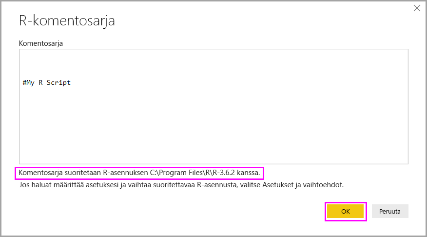 Screenshot shows the R script dialog in Power BI Desktop with R installation information highlighted.