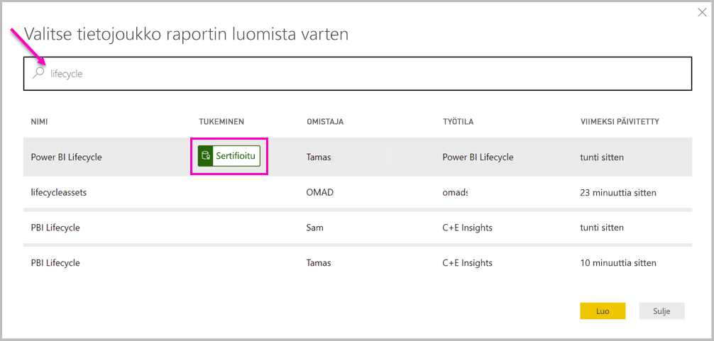 Näyttökuvassa näkyy käytettävissä olevien semanttisten mallien luettelo.