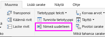 Näyttökuvassa näkyy valintanauhasta valittu Nimeä uudelleen -vaihtoehto.