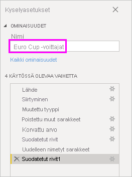 Näyttökuvassa näkyy kyselyasetuksia, joiden nimi on Euroopan-mestaruuskisojen voittajat.