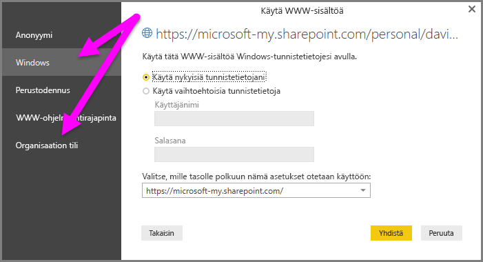 Screenshot of the Power BI Desktop credential prompt, showing Windows or Organizational account selection.