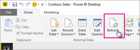 Power BI Desktopin Aloitus-valintanauhan näyttökuva, jossa näkyy Päivitä-valinta.