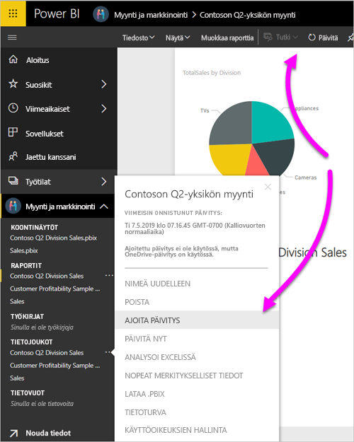 Power BI Desktopin semanttisen mallin näyttökuva, jossa näkyy Ajoita päivitys -valinta.