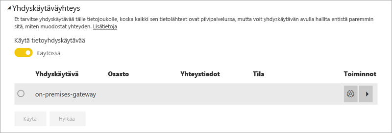 Näyttökuva Power BI -palvelun yhdyskäytäväyhteyden valintaikkunasta.