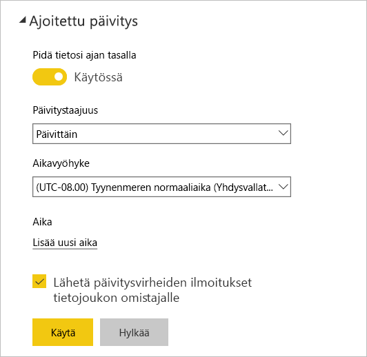 Näyttökuva Power BI -palvelun Ajoitettu päivitys -valintaikkunasta.