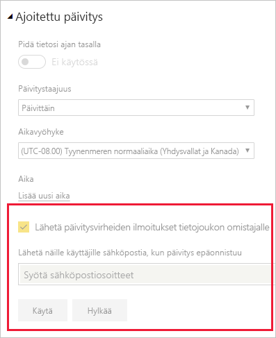 Näyttökuva semanttisten malliasetusten osiosta Power BI -sähköpostipäivitysilmoitusten muuttamiseksi.