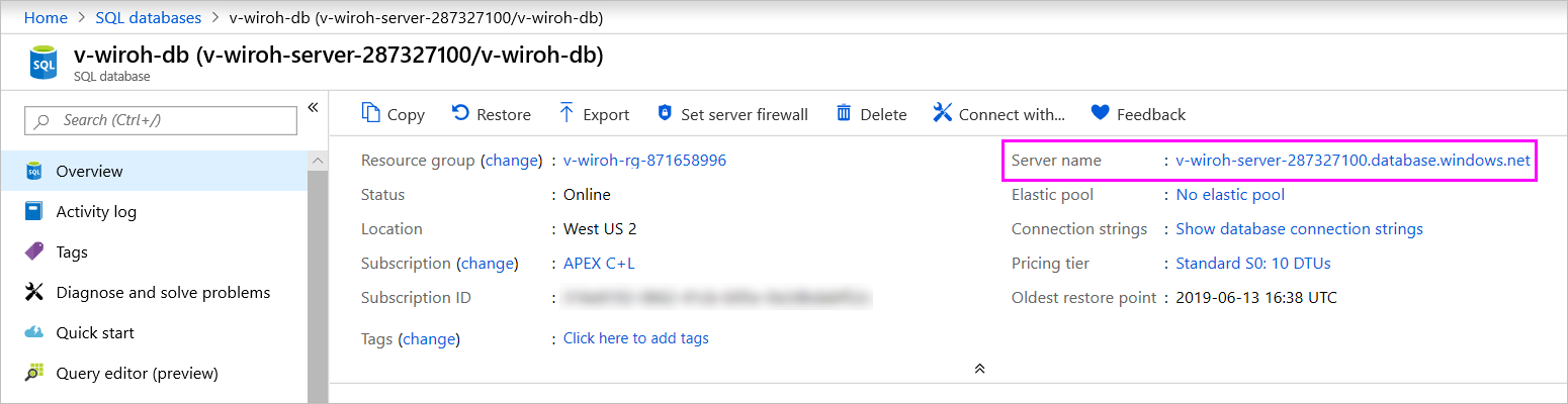 Screenshot shows the page for a database in Azure portal with the server name highlighted.