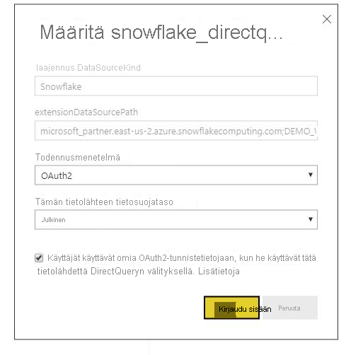 Näyttökuva määritysvalintaikkunasta, jossa todentamismenetelmäksi on valittu OAuth2.