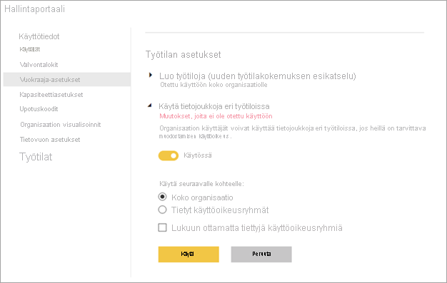 Power BI -järjestelmänvalvojan työtilan asetukset