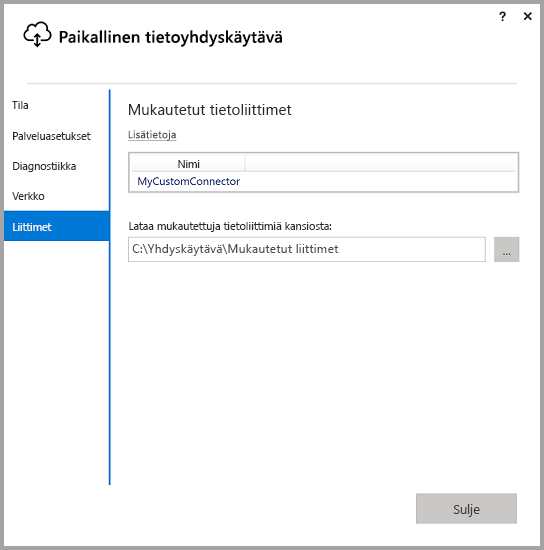 Screenshot that shows the Custom data connectors screen in the On-premises data gateway app.