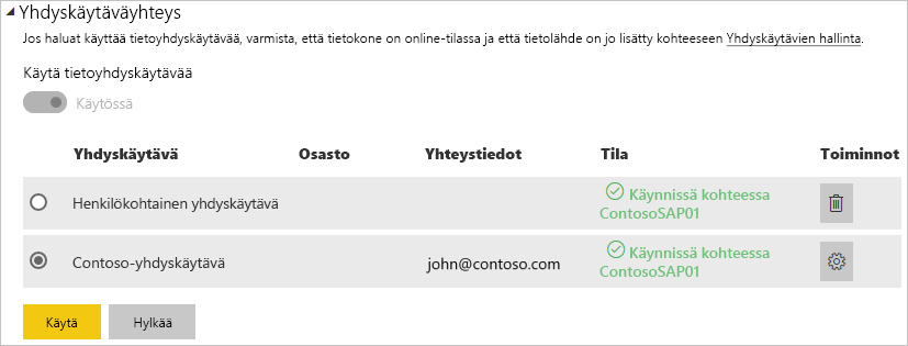 Screenshot displays the users in the Gateway connection dialog.