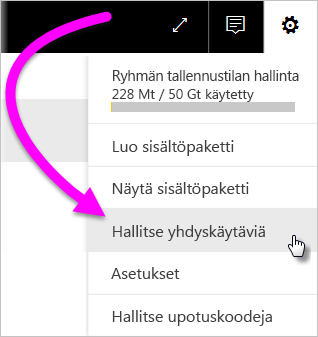 Näyttökuvassa näkyy hammaspyöräkuvake ja sen pikavalikko, jossa on valittuna Yhteyksien ja yhdyskäytä olevien hallinta.