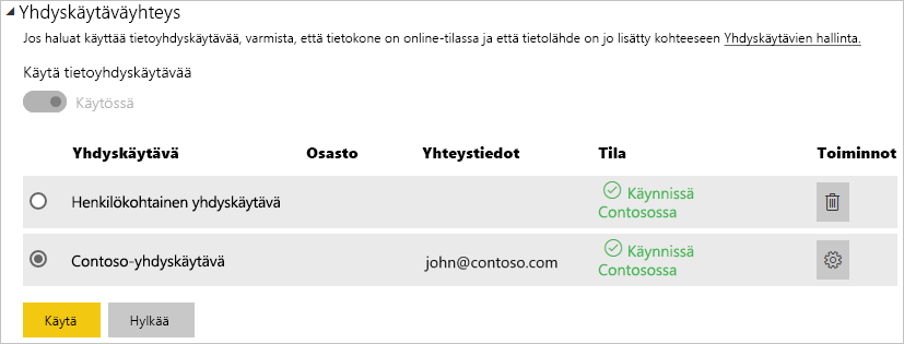 Screenshot that shows the gateway connection settings.