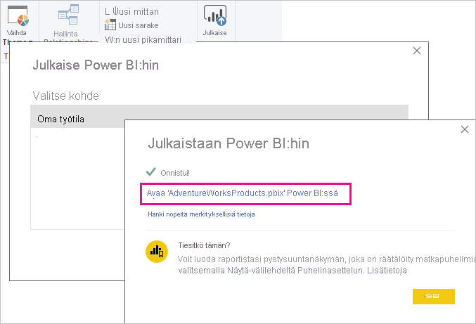 Näyttökuva Julkaise Power BI:hin -näytöstä.