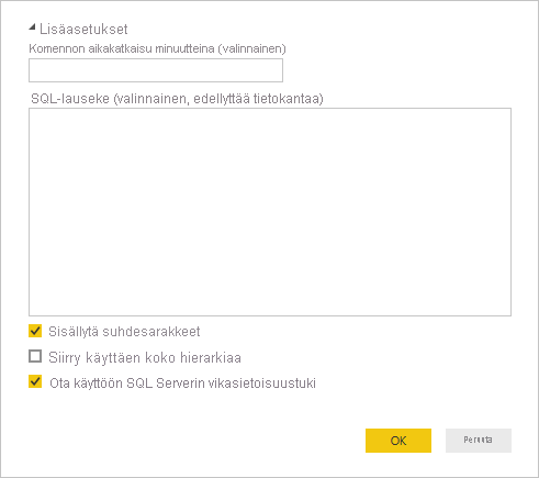 Näyttökuva SQL Serverin lisäasetuksista