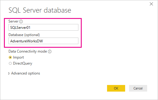 Näyttökuva SQL Server -tietokannan valintaikkunasta.