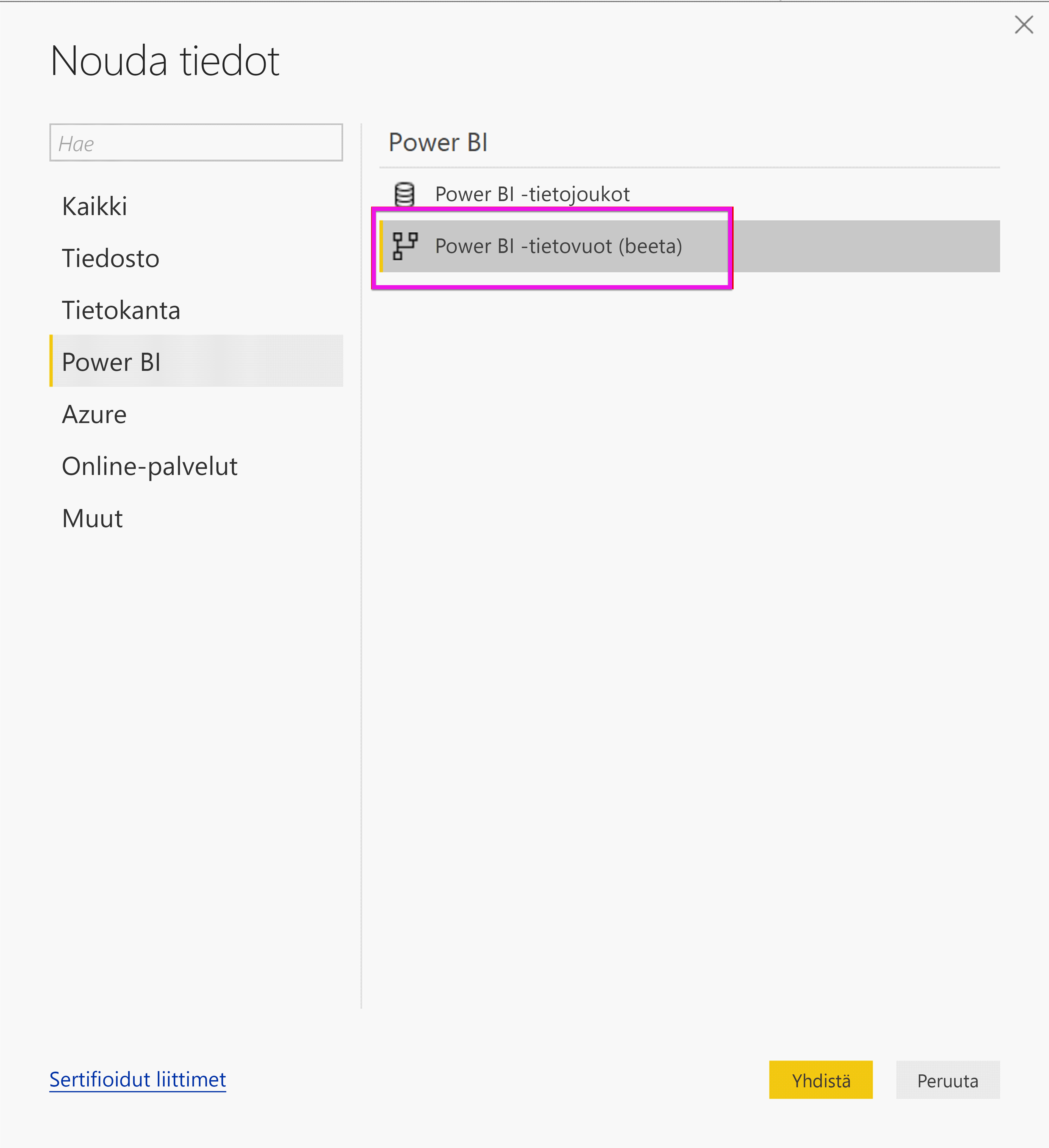 Screenshot shows the Get Data pane with Power BI dataflows selected.