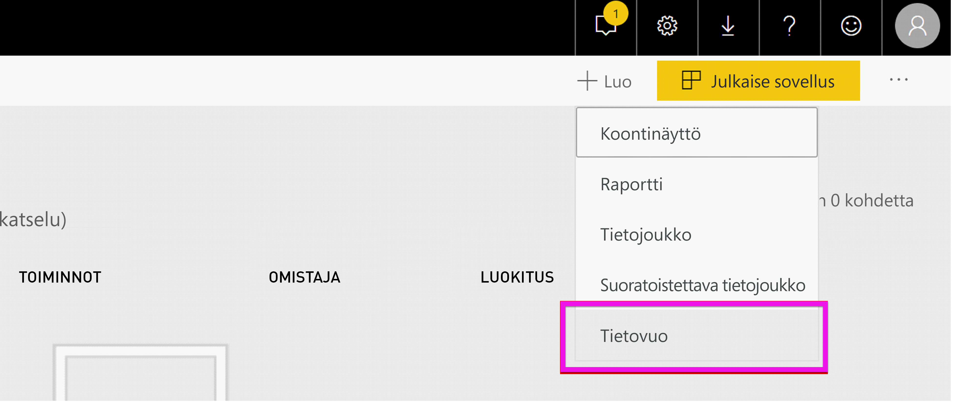 Screenshot shows the Power BI workspace with Create, then Dataflow, selected.