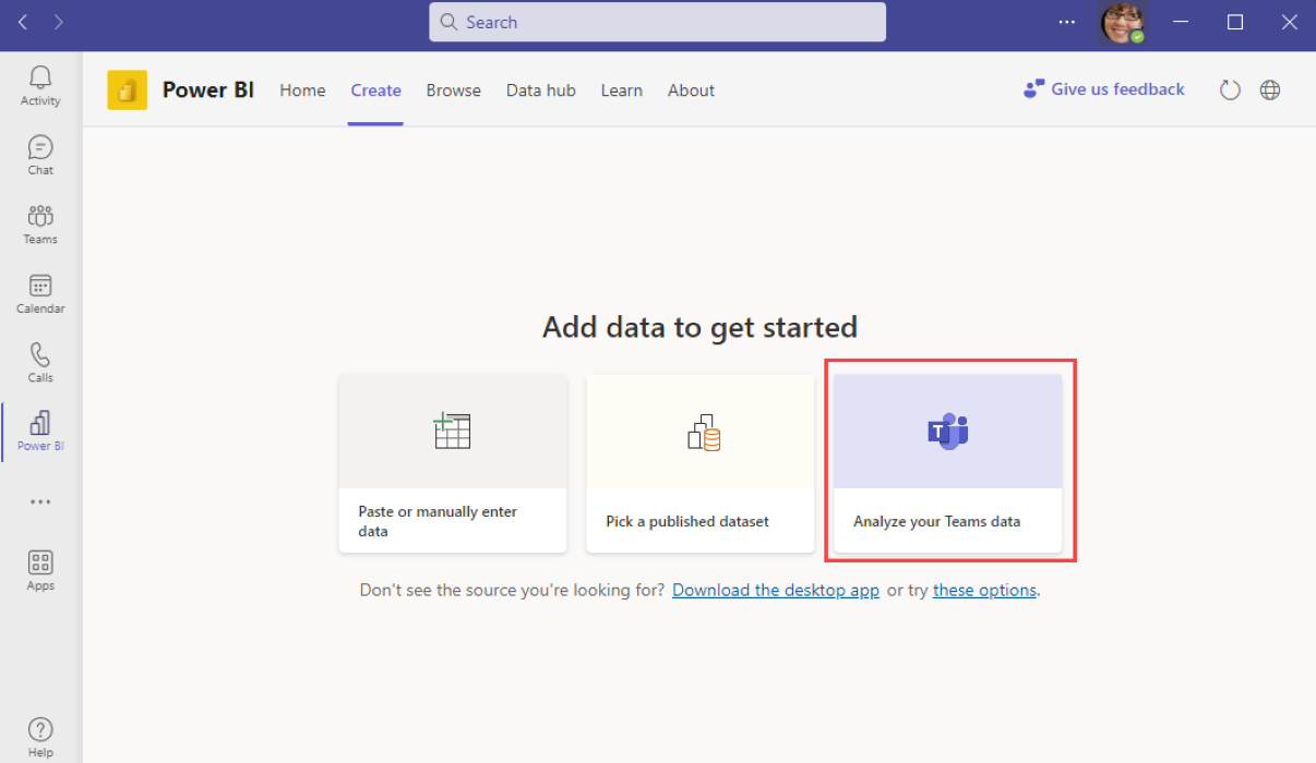 Näyttökuva Microsoft Teamsin Power BI -sovelluksesta, jossa Analysoi Teams -tiedot on korostettuna.