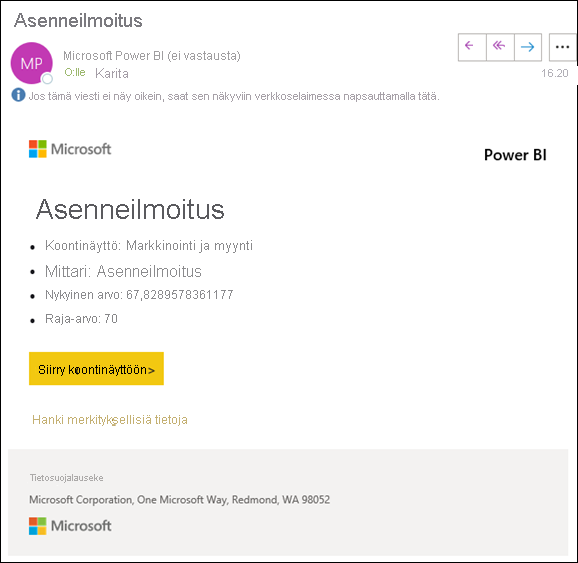 Näyttökuva, jossa näkyy asenneilmoituksen sähköpostiviesti. Viestissä olevan linkin otsikko on Siirry koontinäyttöön.