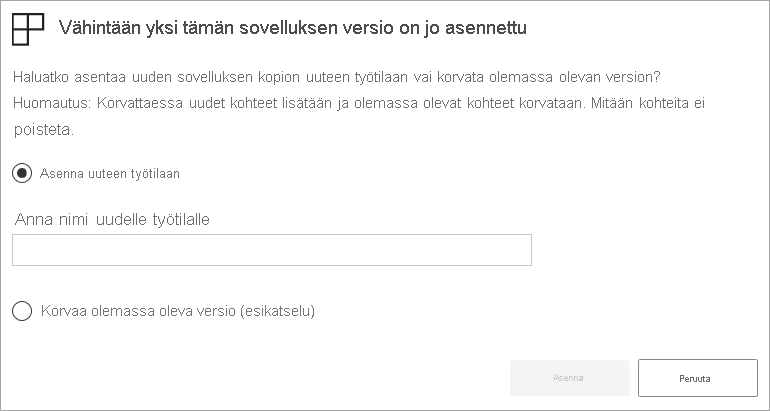 Näyttökuva Päivitä sovellus -valintaikkunasta. Asetus nimeltä Päivitä työtila, ja sovellus on valittuna.