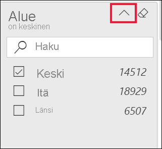 Näyttökuva laajennetusta suodattimesta ja suodattimen nimen vieressä näkyvä nuoli korostettuna.