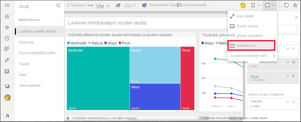 Näyttökuva, jossa näkyy Todellinen koko -näkymä.