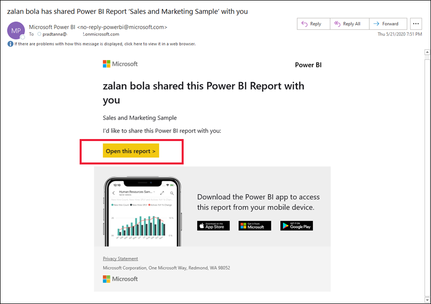 Näyttökuva, joka näyttää sähköpostiviestin, joka sisältää linkin raporttiin.