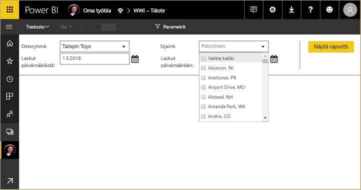 Screenshot of the Parameters to view the report with the required field highlighted.