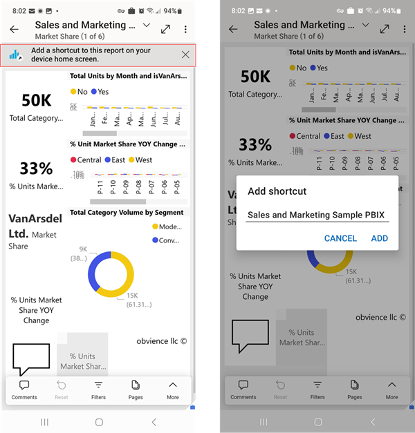 Screenshot of the add shortcut banner and dialog.