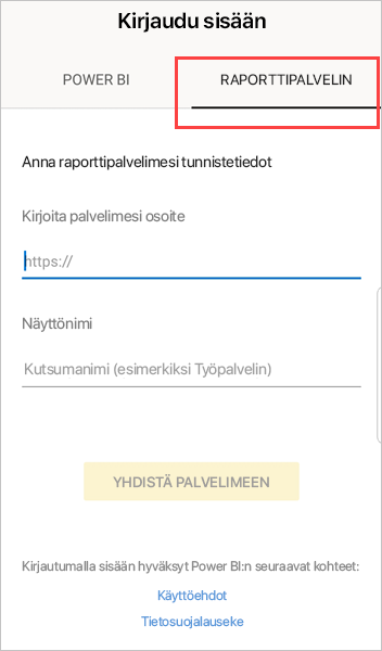 Näyttökuva Sisäänkirjautuminen-valintaikkunasta, jossa raporttipalvelin on korostettuna.