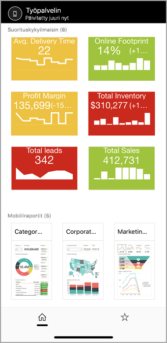 Näyttökuva raporttipalvelimen aloitussivusta mobiilisovelluksissa.