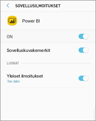 Näyttökuvassa näkyy Power BI -niminen Android-puhelimen näyttö, jossa voit sallia ja hallita ilmoituksia.