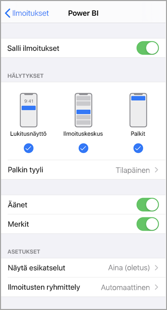 Näyttökuvassa näkyy Power BI -niminen iPhone-näyttö, jossa voit sallia ja hallita ilmoituksia.