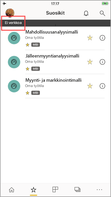 Näyttökuvassa näkyy Power BI -mobiilisovellus ilman verkkoa -viesti.