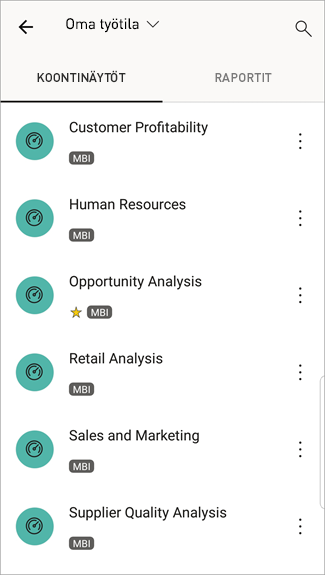 Näyttökuvassa näkyy Android-puhelimen näyttö ja Oma työtila, jossa on valittuna RAPORTTINÄKYMÄT.