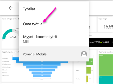 Näyttökuvassa näkyy navigointipolku Android-tabletissa Oma työtila valittuna.