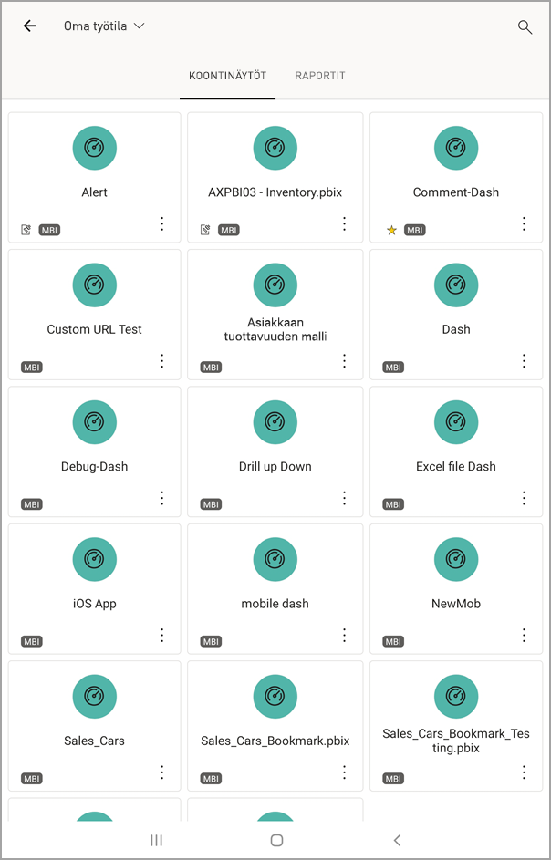 Näyttökuvassa näkyy Android-puhelimen näyttö ja Oma työtila, jossa on valittuna RAPORTTINÄKYMÄT.